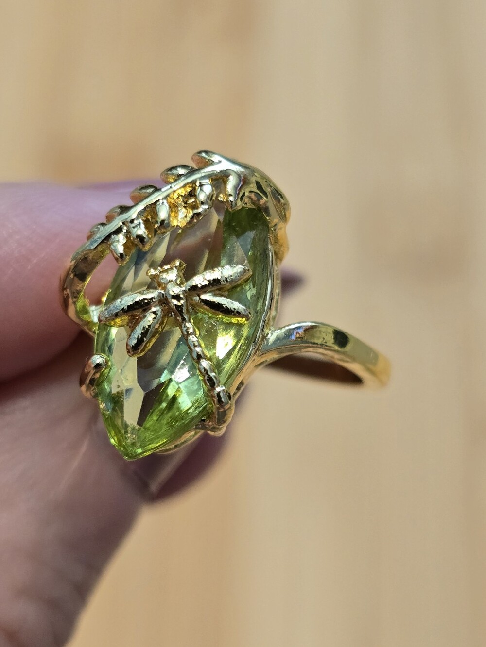 Gold Dragonfly Ring Green Marquise Gemstone Statement